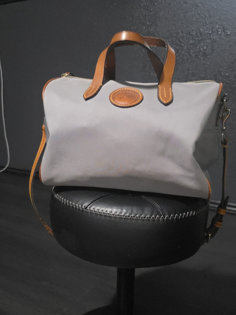 Dooney & Bourke Gray Duffel with Tan Leather Trim